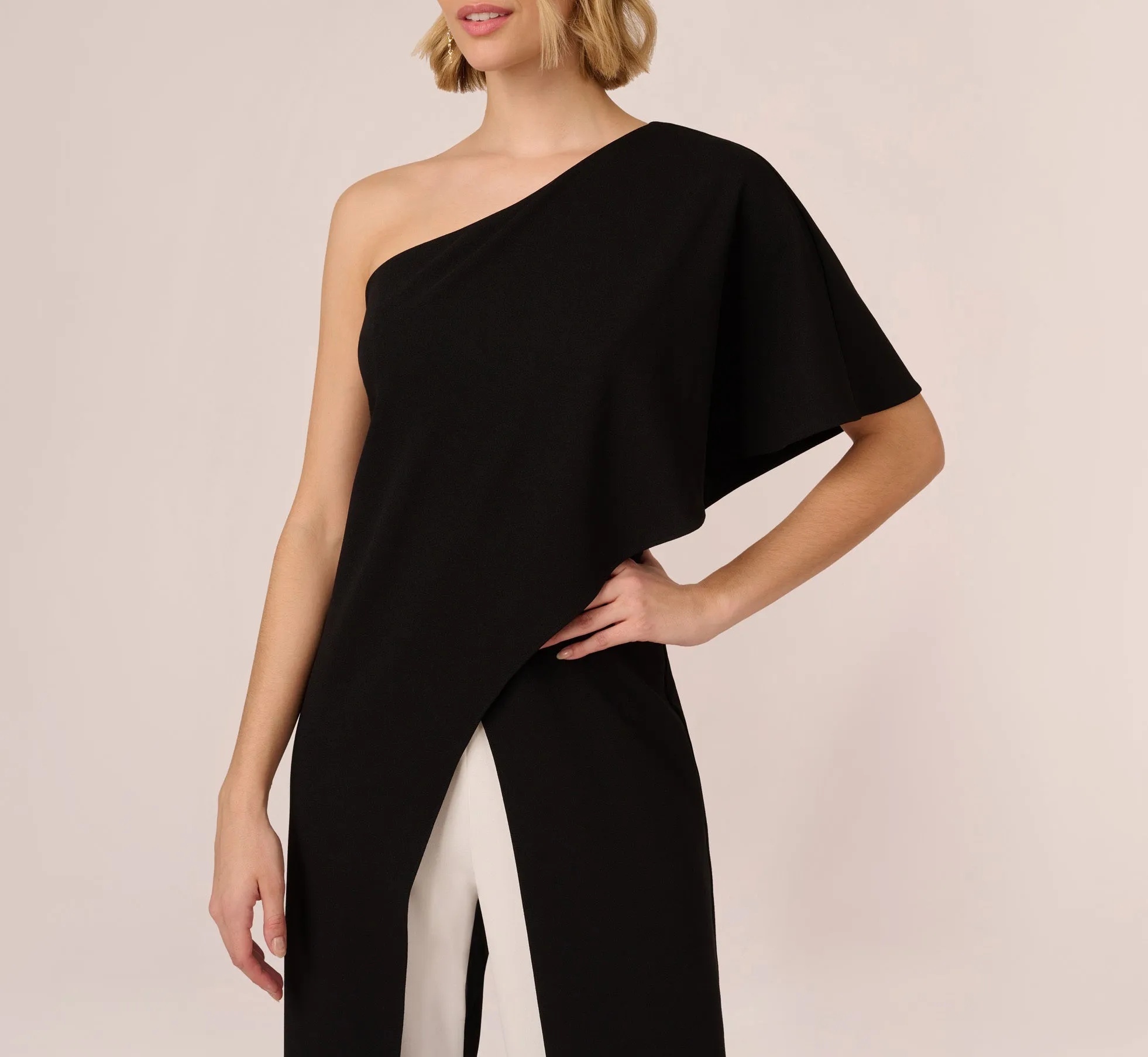 Flutter One Shoulder Colorblock Jumpsuit With Wide Legs In Black Ivory