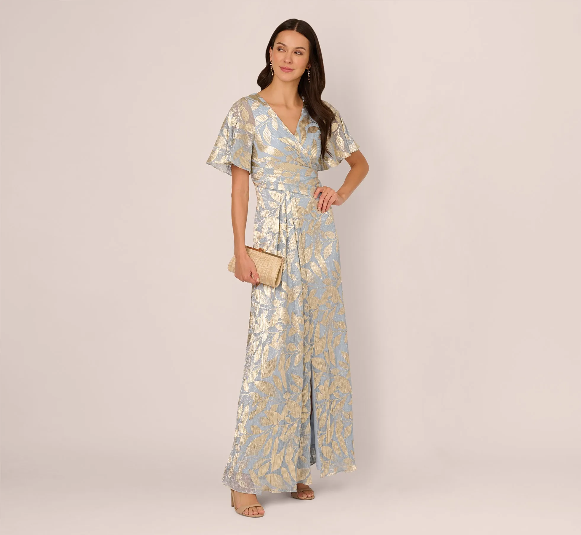 Foil Leaf Short Sleeve Gown With Draped Details In Light Blue Gold