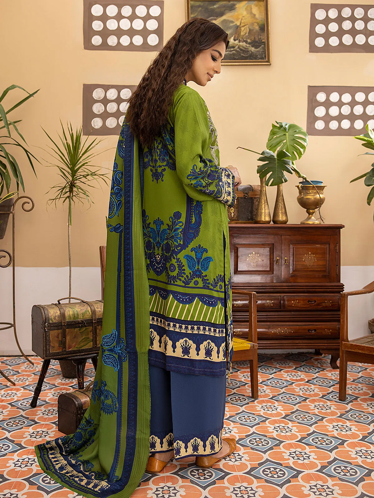 Green & Blue Winter Dhanak Embroidered 3-Piece Suit