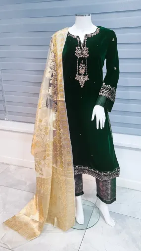 Green Embroidered Velvet 3-Piece Suit