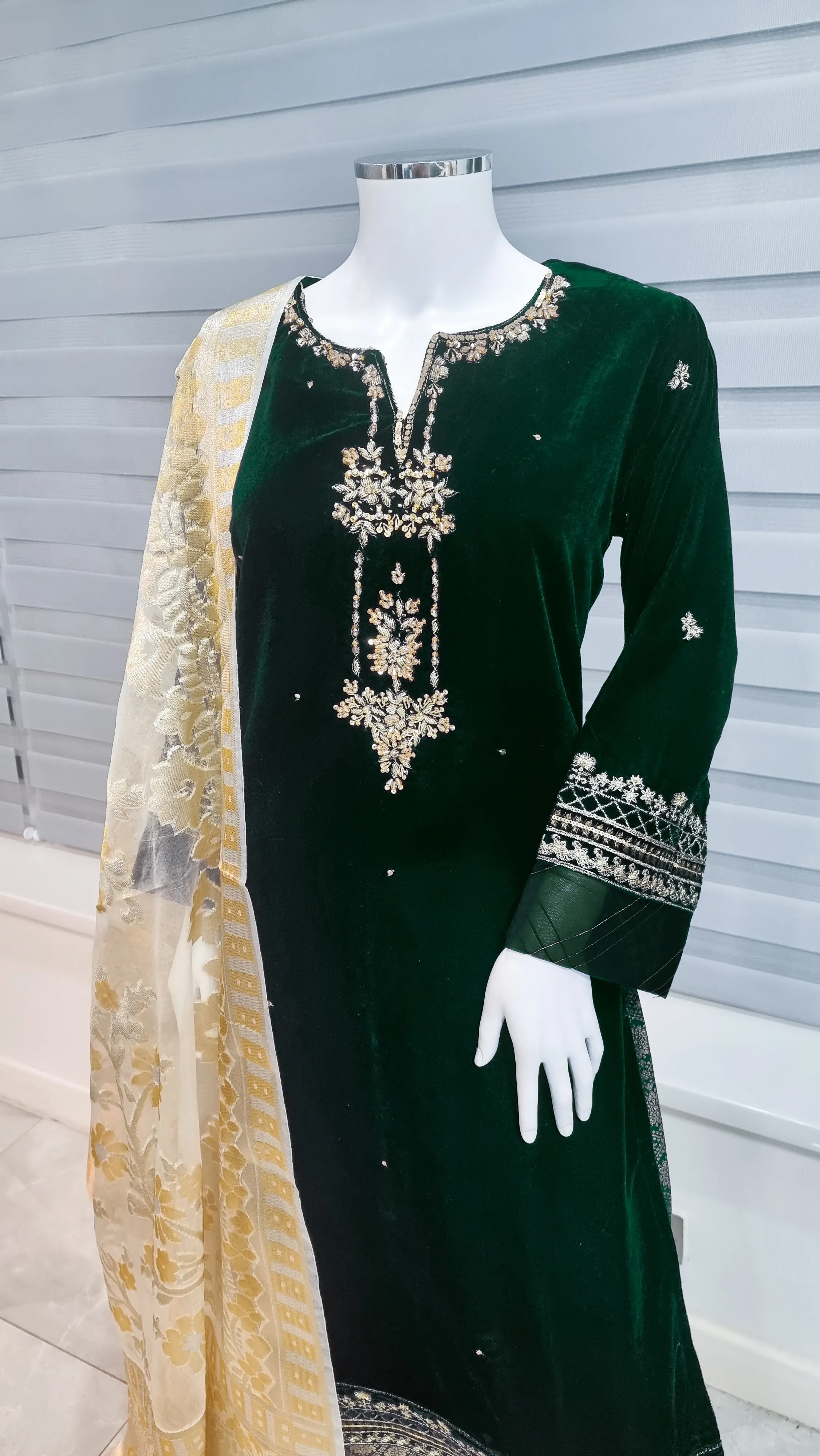 Green Embroidered Velvet 3-Piece Suit