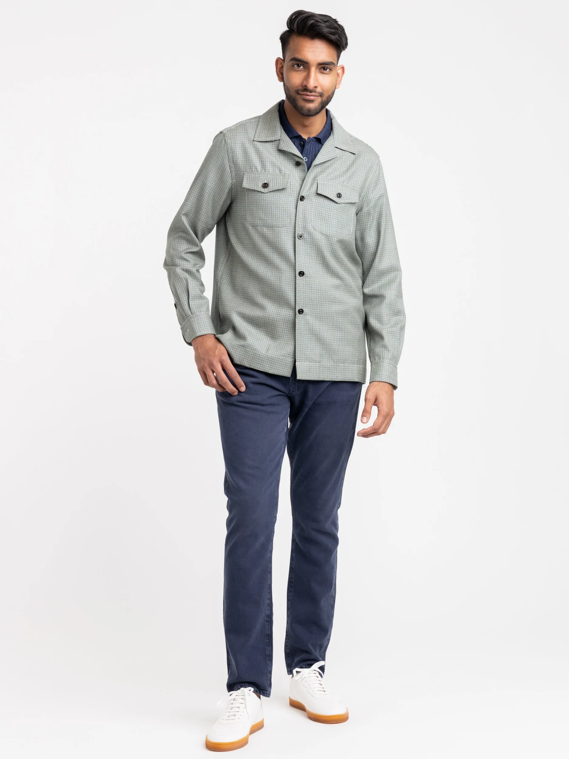 Green Wool-Silk Houndstooth Overshirt