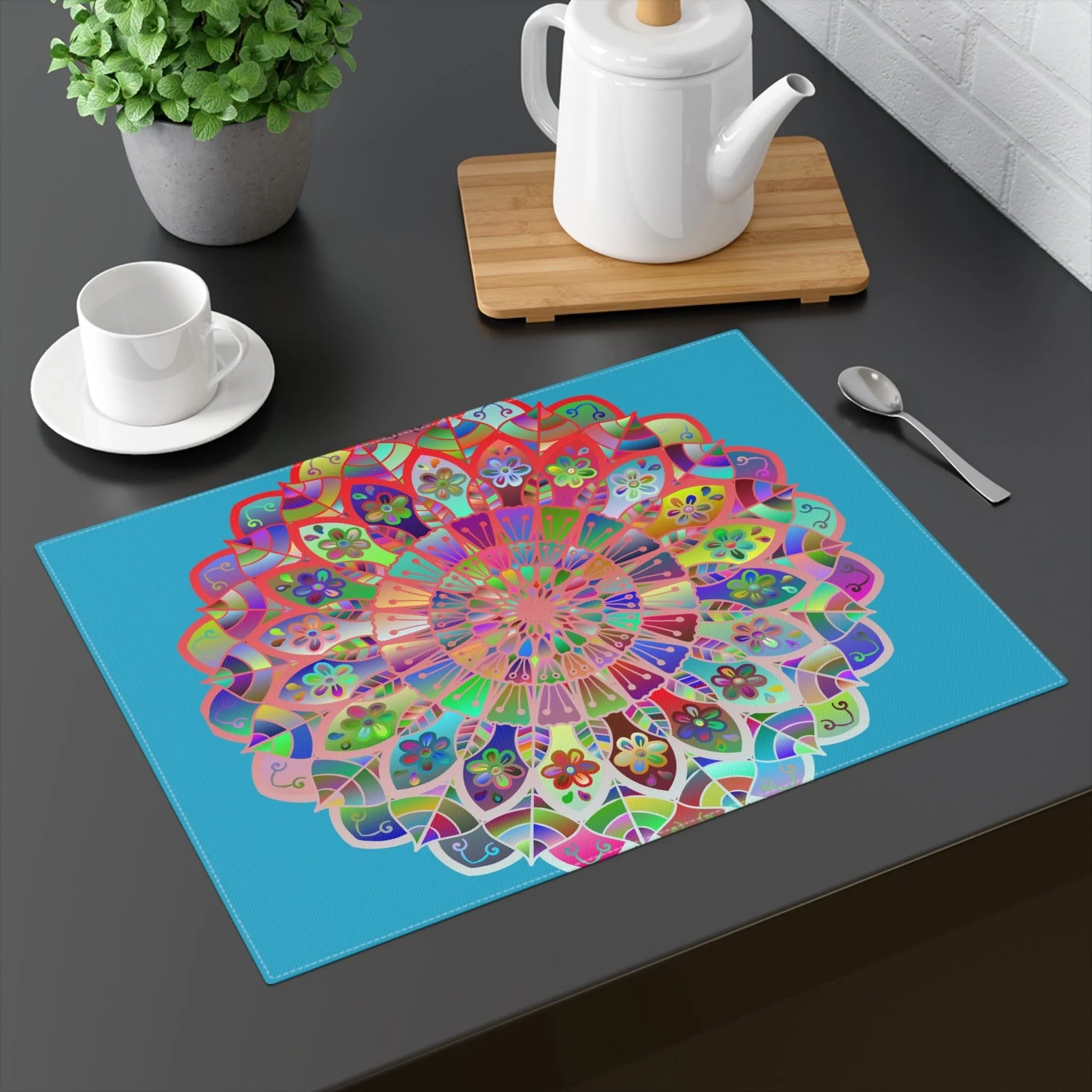 Hand-Drawn Mandala Art Turquoise Placemat 1pc