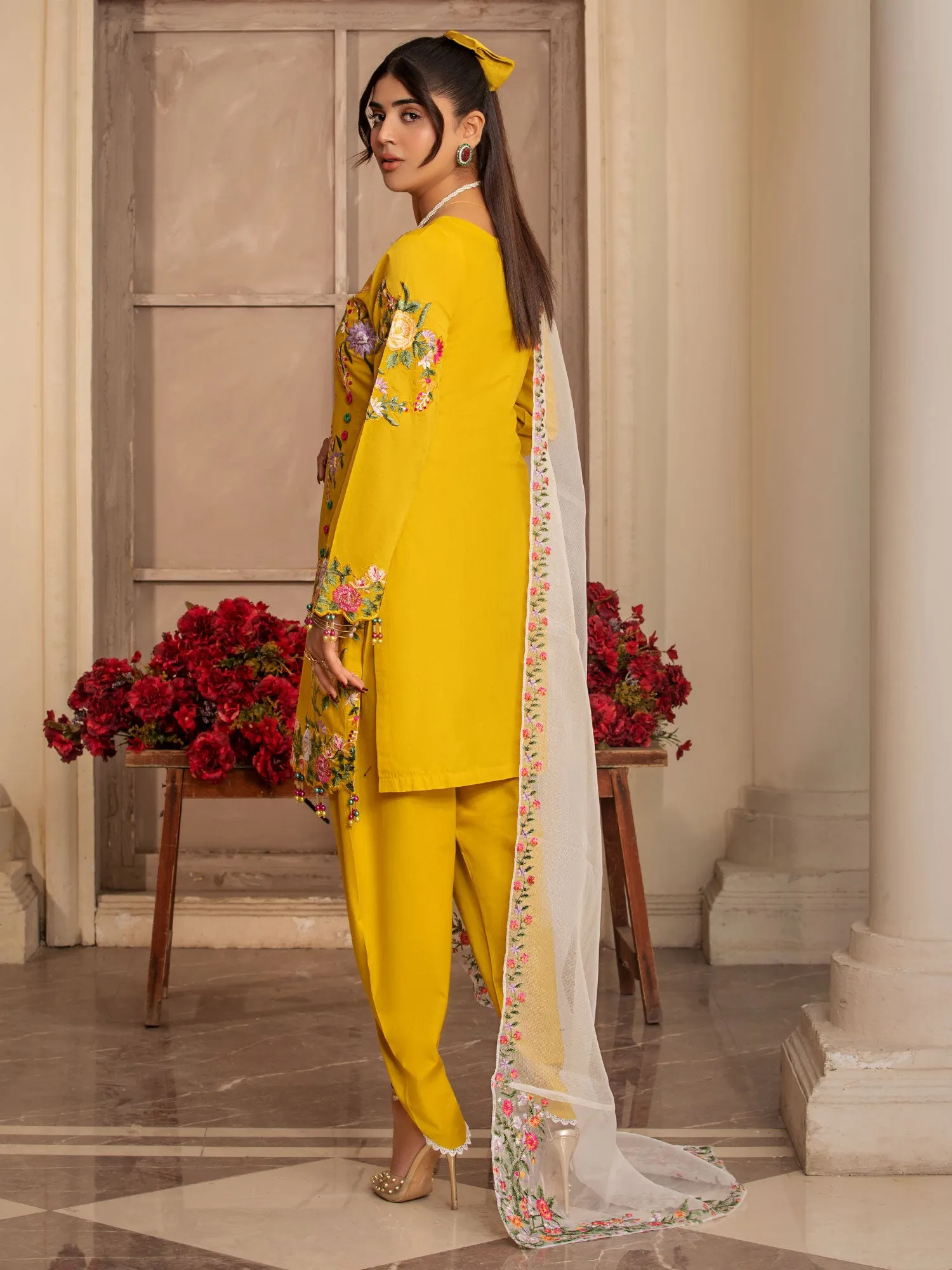 Heera's Mustard Embroidered Cambric Cotton 3-Piece Suit