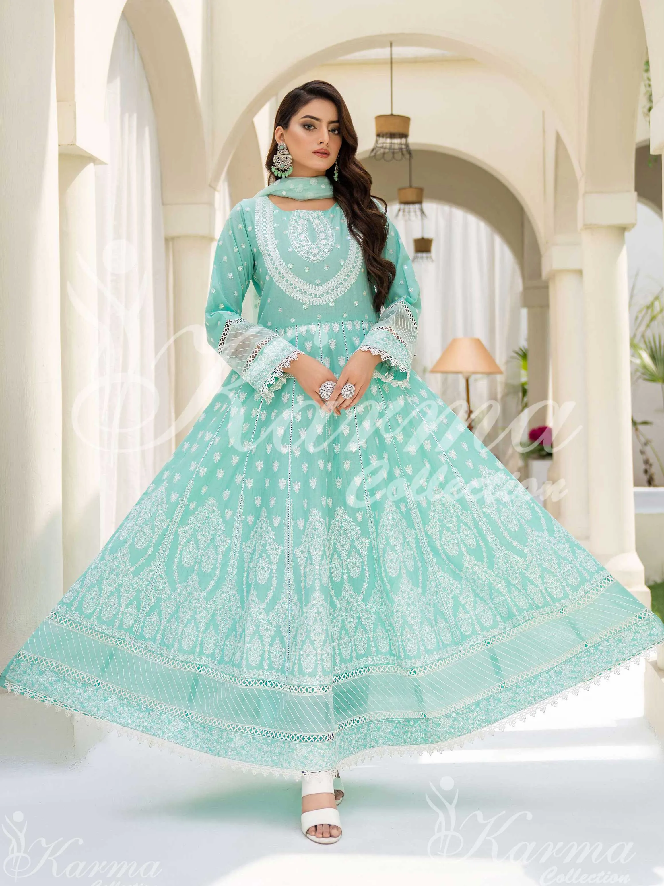 Karma Collection Aqua Embroidered Long Frock 3-Piece Suit (1303)