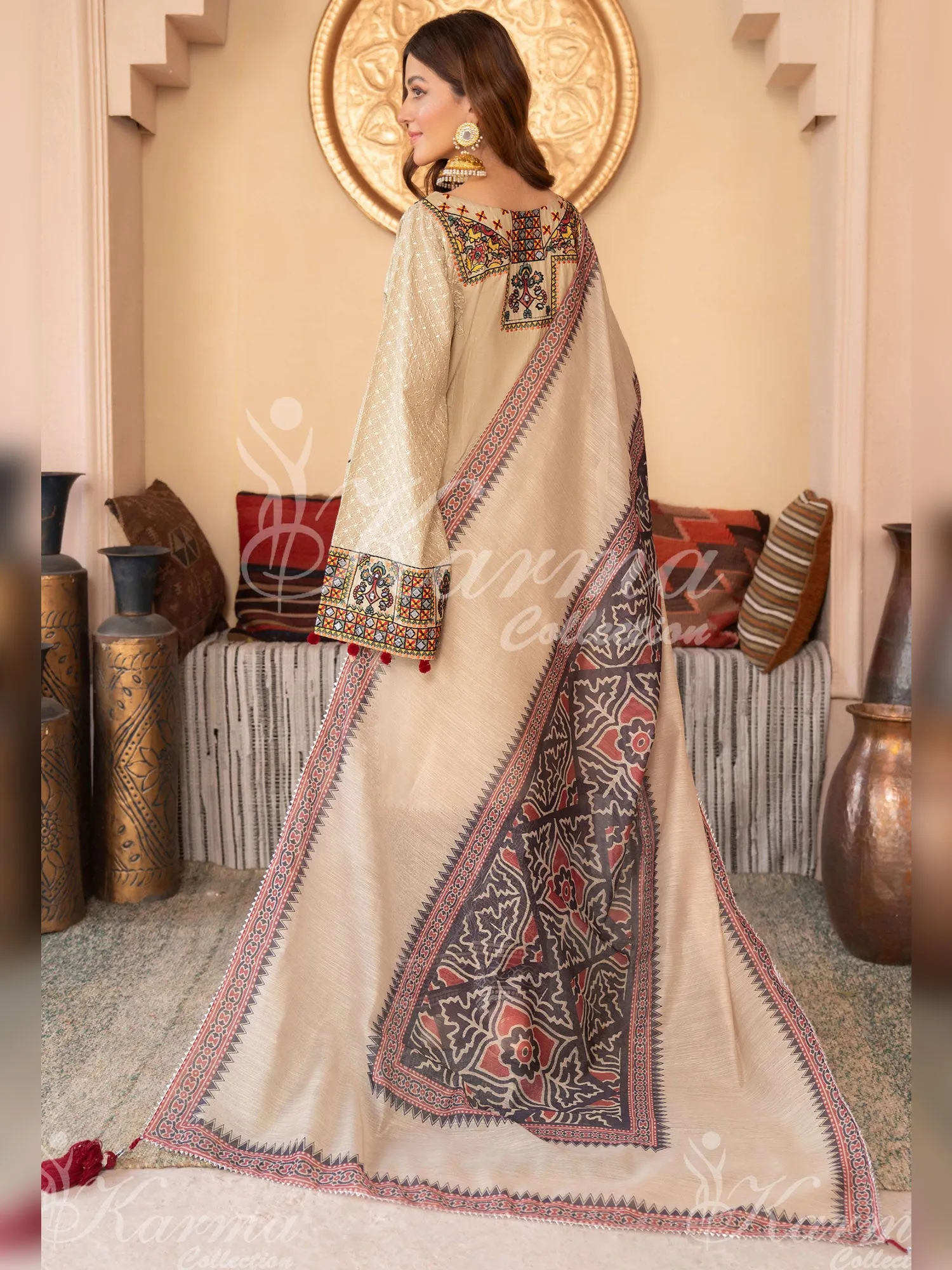 Karma Collection "Naqsh" Cream Cotton Embroidered Suit (KC1354)