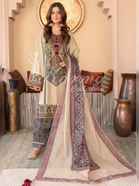 Karma Collection "Naqsh" Cream Cotton Embroidered Suit (KC1354)