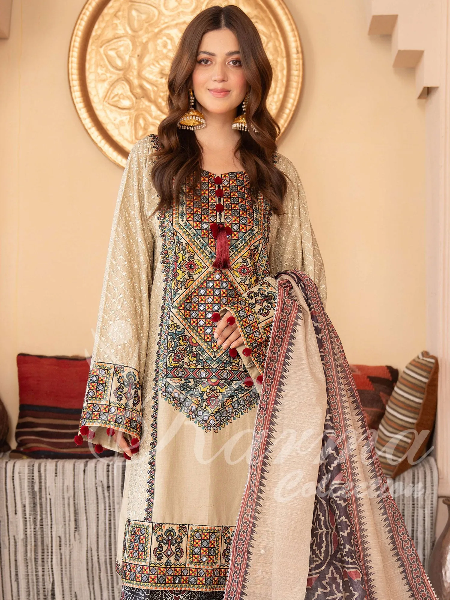 Karma Collection "Naqsh" Cream Cotton Embroidered Suit (KC1354)