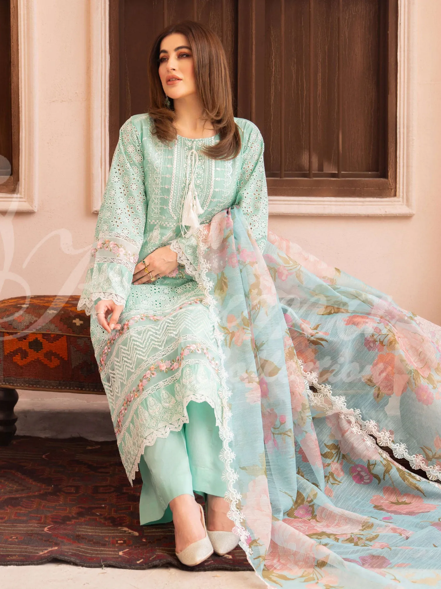 Karma Collection "Naqsh" Light Turquoise Cotton Embroidered Suit (KC1353)