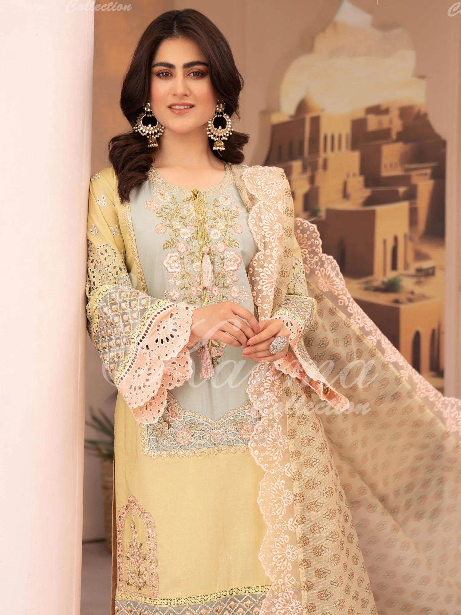 Karma Collection "Naqsh" Maize Cotton Embroidered Suit (KC1355)