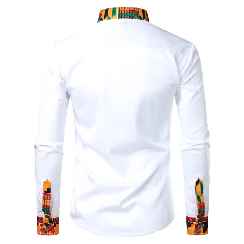 Kente Print Patchwork Long Sleeve Shirt with Fringes