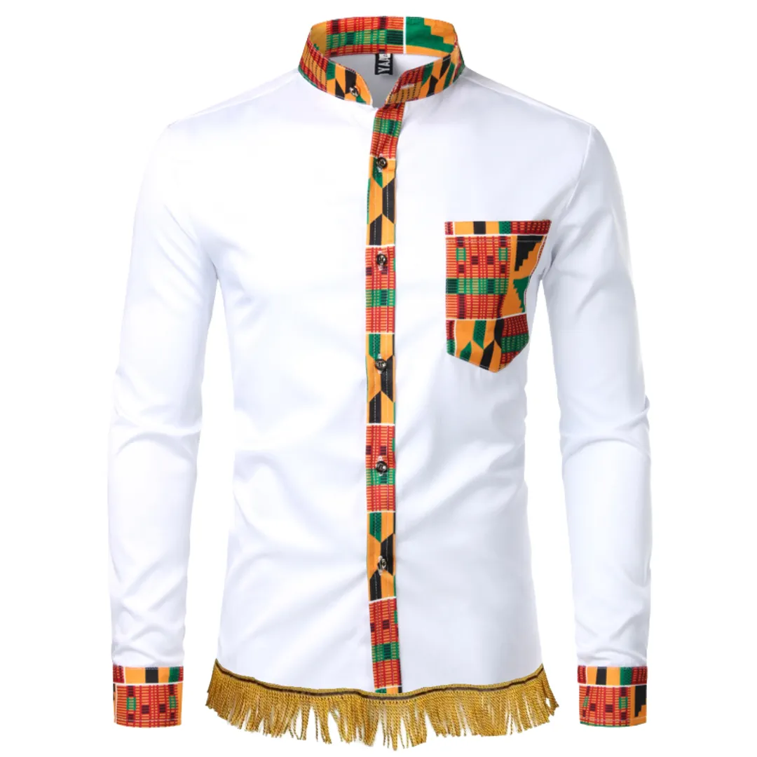 Kente Print Patchwork Long Sleeve Shirt with Fringes