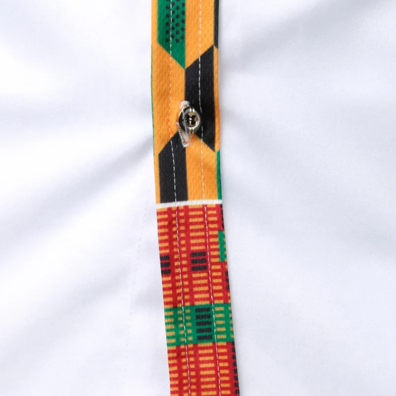 Kente Print Patchwork Long Sleeve Shirt with Fringes