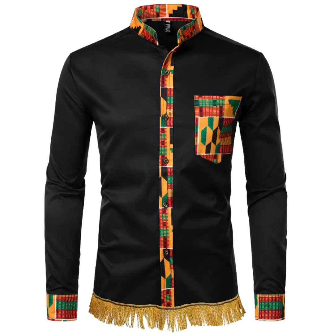 Kente Print Patchwork Long Sleeve Shirt with Fringes