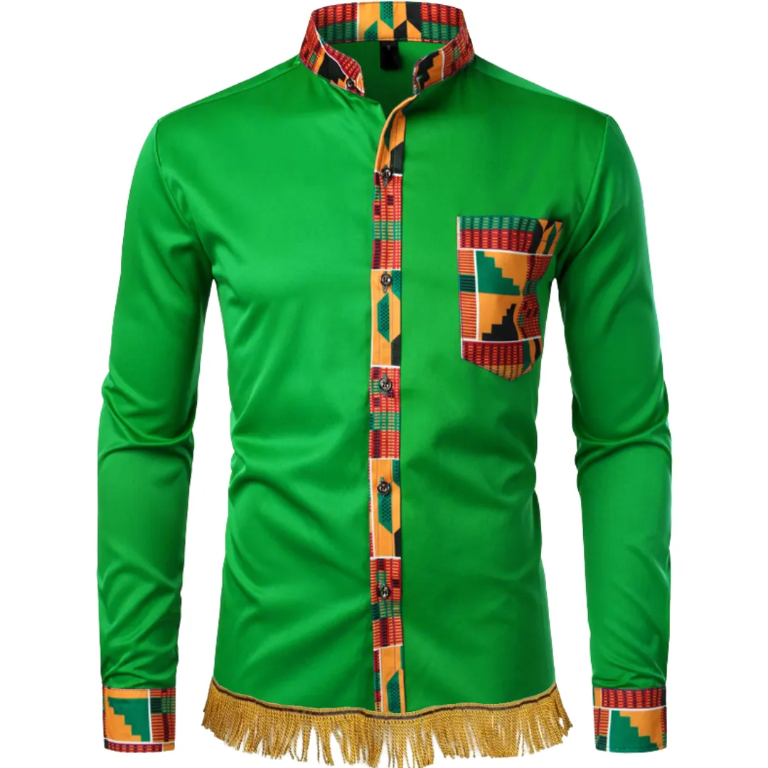 Kente Print Patchwork Long Sleeve Shirt with Fringes