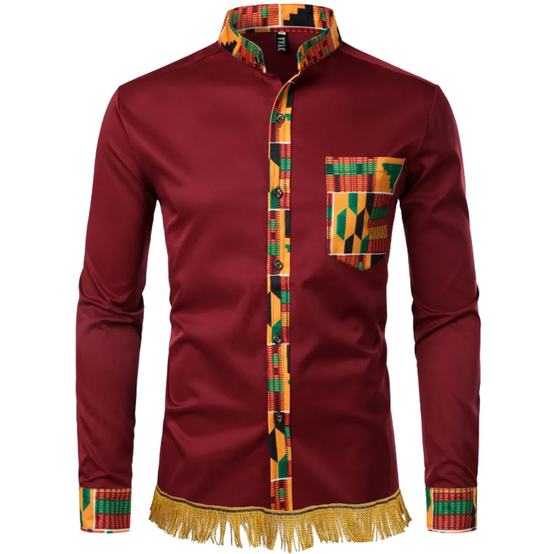 Kente Print Patchwork Long Sleeve Shirt with Fringes