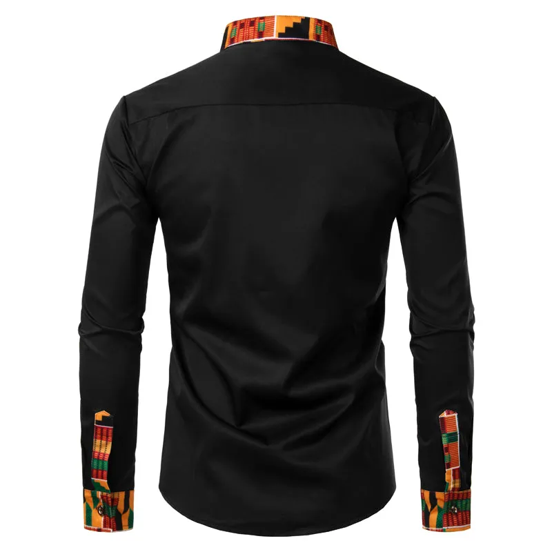 Kente Print Patchwork Long Sleeve Shirt with Fringes