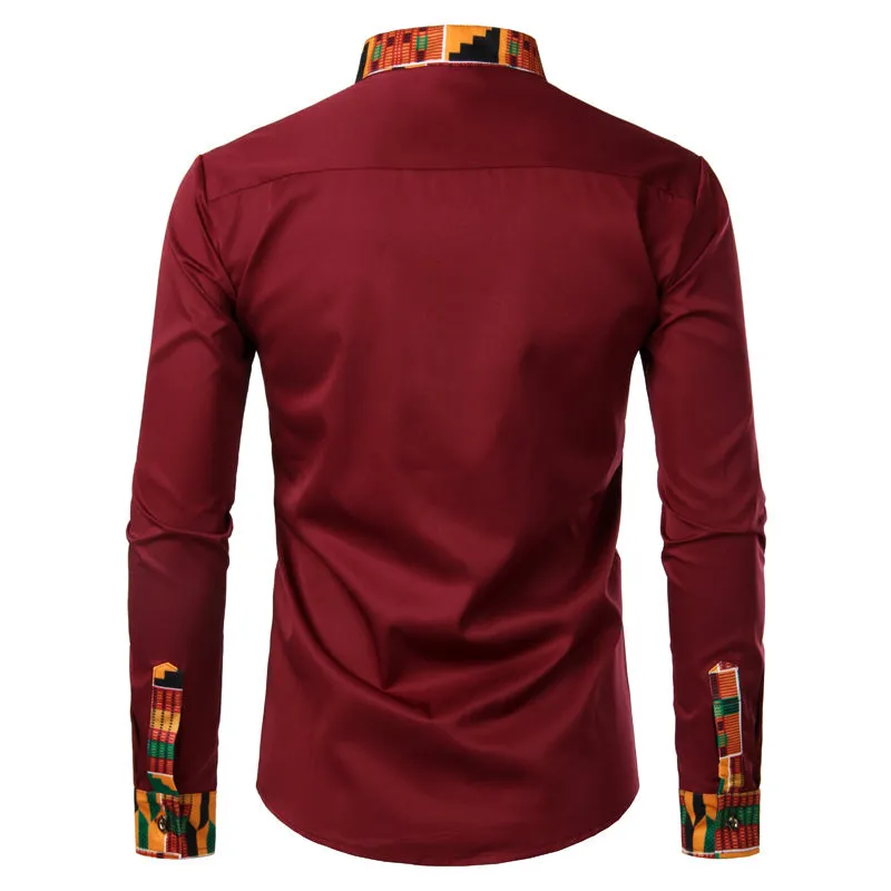 Kente Print Patchwork Long Sleeve Shirt with Fringes