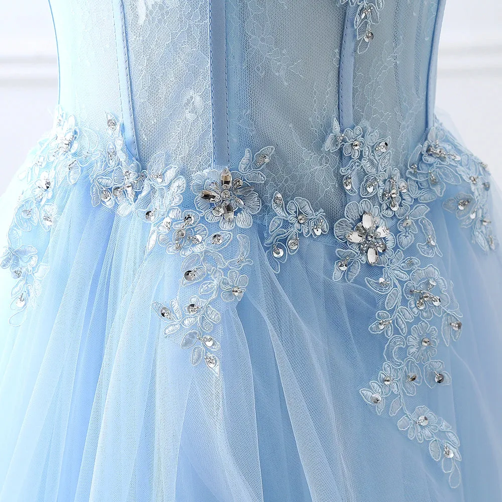 Light Blue Beaded Strapless A-Line Tulle Formal Party Gown