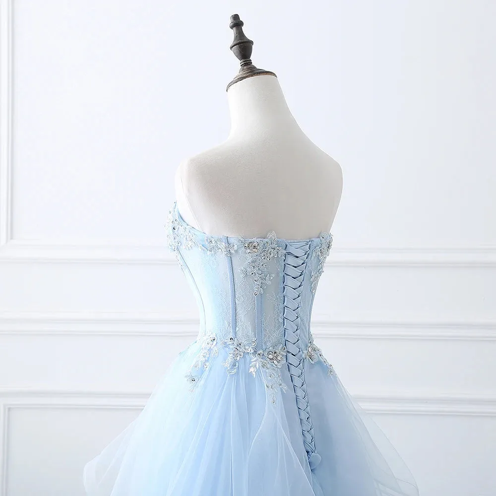 Light Blue Beaded Strapless A-Line Tulle Formal Party Gown