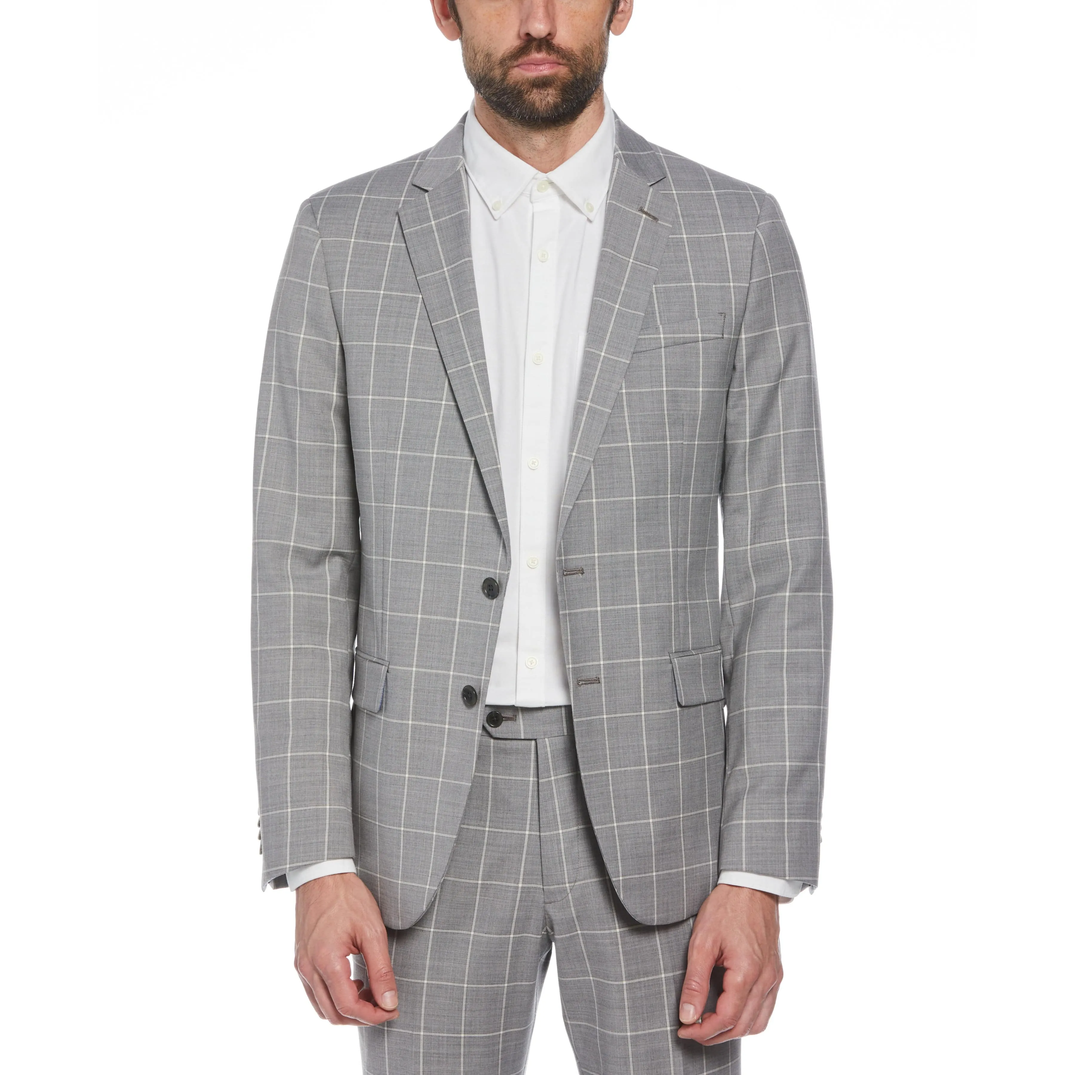 Light Grey Windowpane Plaid Wool Blend Two Piece Suit