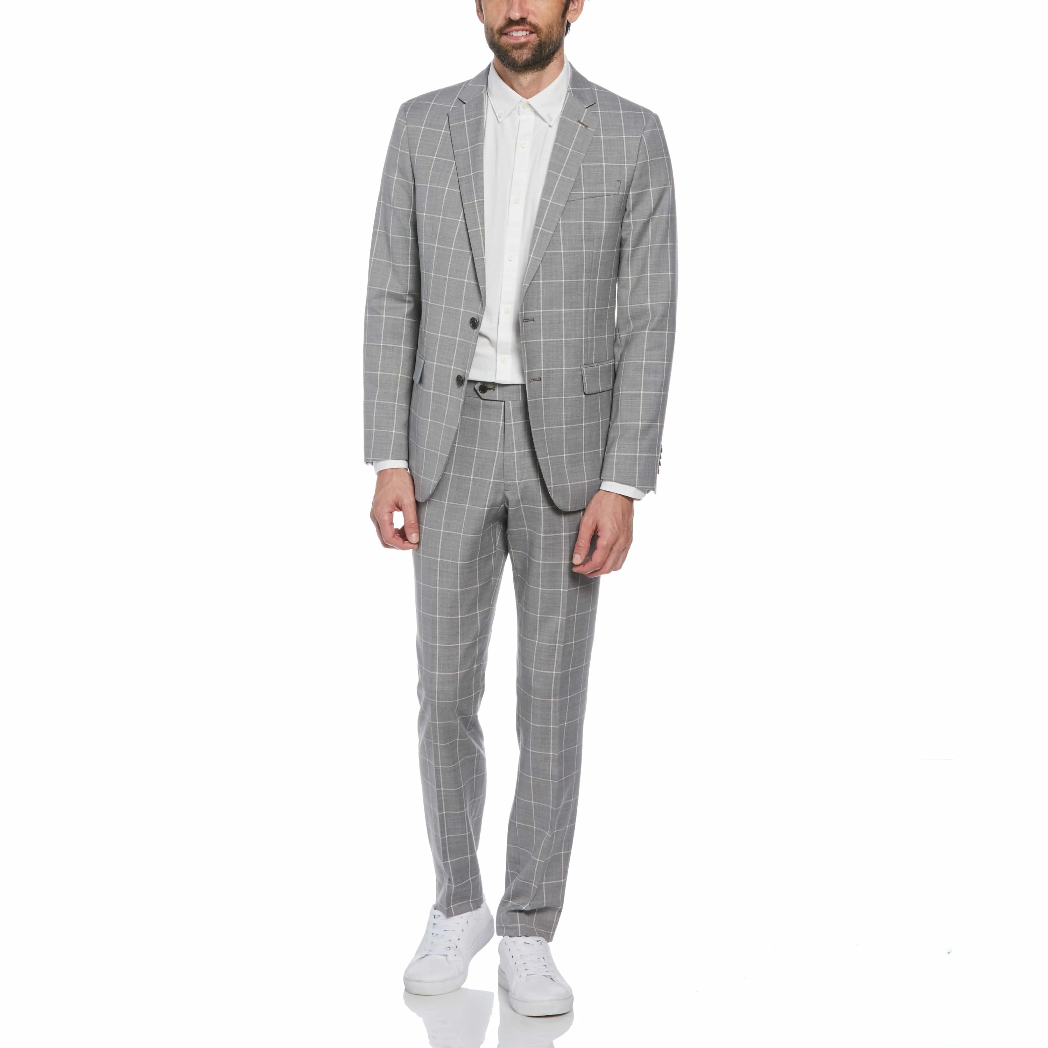 Light Grey Windowpane Plaid Wool Blend Two Piece Suit