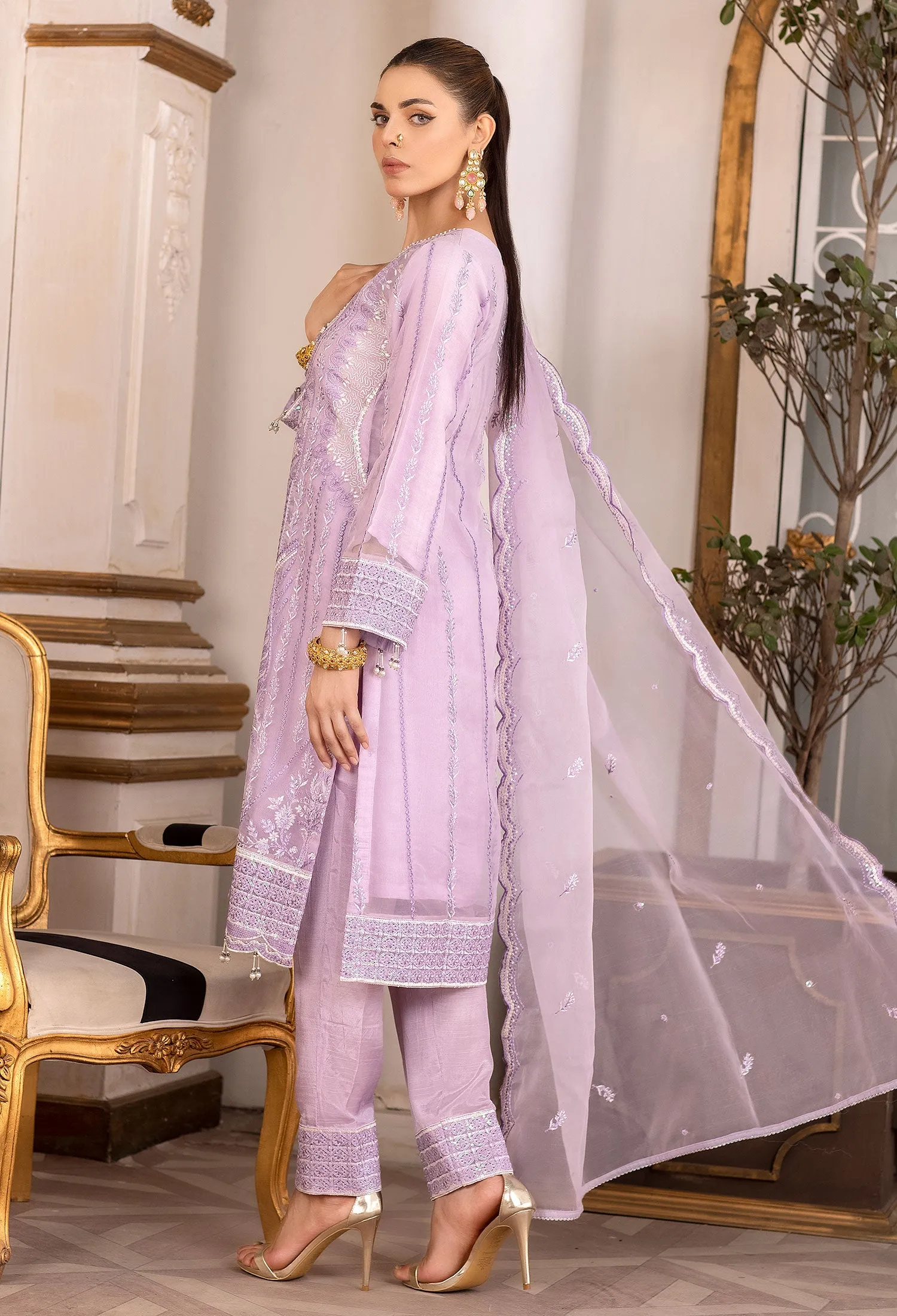 Lilac Embroidered Organza 3-Piece Suit