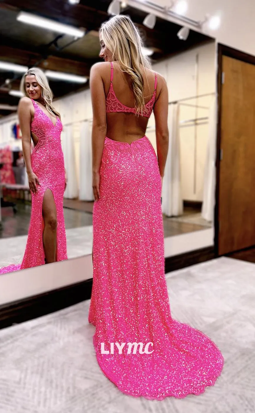 LP1006 - Sexy V neck Fully Sequins Beads Long Formal Prom Dress with Slit