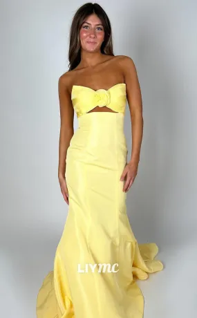 LP1075 - Sweetheart Bow Ruched Mermaid Yellow Formal Prom Dress