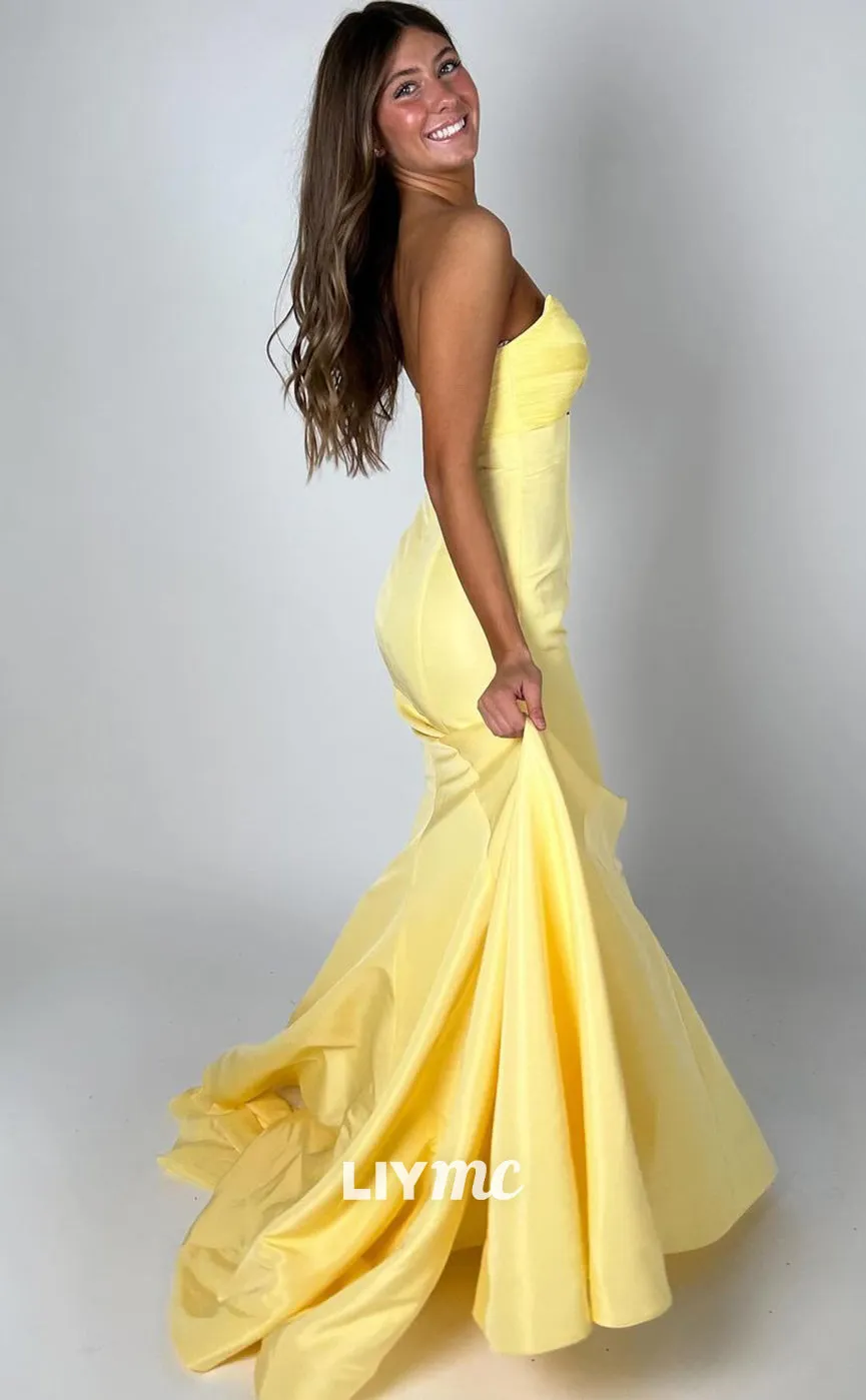 LP1075 - Sweetheart Bow Ruched Mermaid Yellow Formal Prom Dress