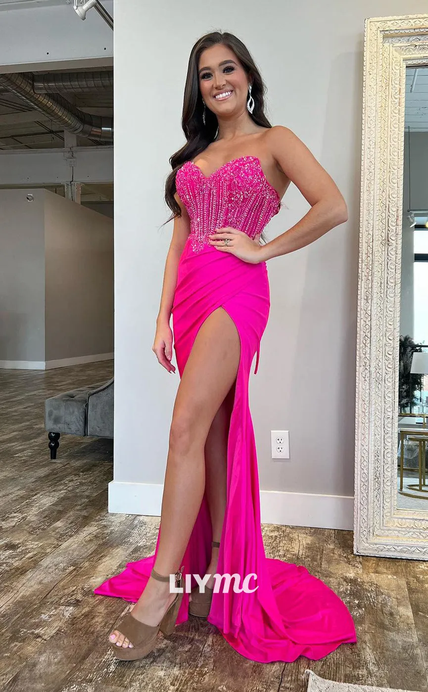 LP1089 - Sweetheart Beads Satin Ruched Mermaid Formal Prom Dress with Slit