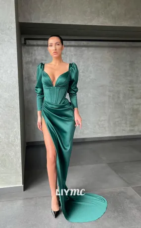 LP1118 - Sexy V Neck Satin Ruched Long Sleeves Elegant Formal Prom Dress with Slit