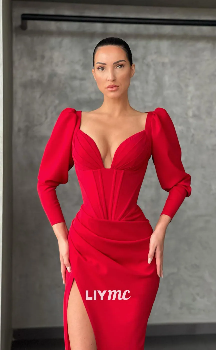 LP1118 - Sexy V Neck Satin Ruched Long Sleeves Elegant Formal Prom Dress with Slit