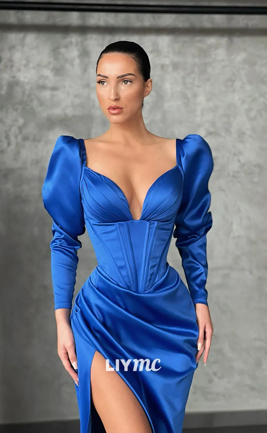 LP1118 - Sexy V Neck Satin Ruched Long Sleeves Elegant Formal Prom Dress with Slit