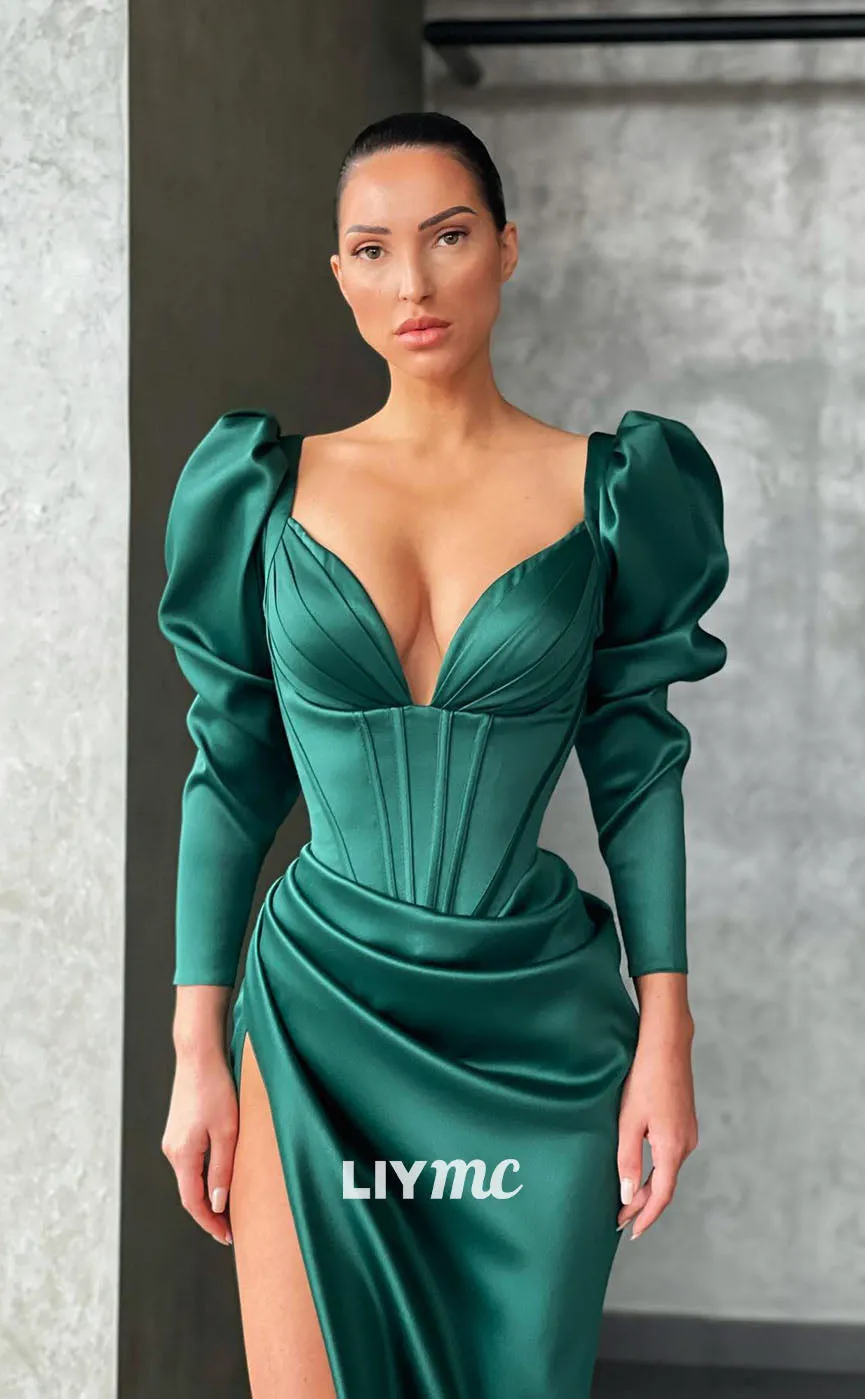 LP1118 - Sexy V Neck Satin Ruched Long Sleeves Elegant Formal Prom Dress with Slit