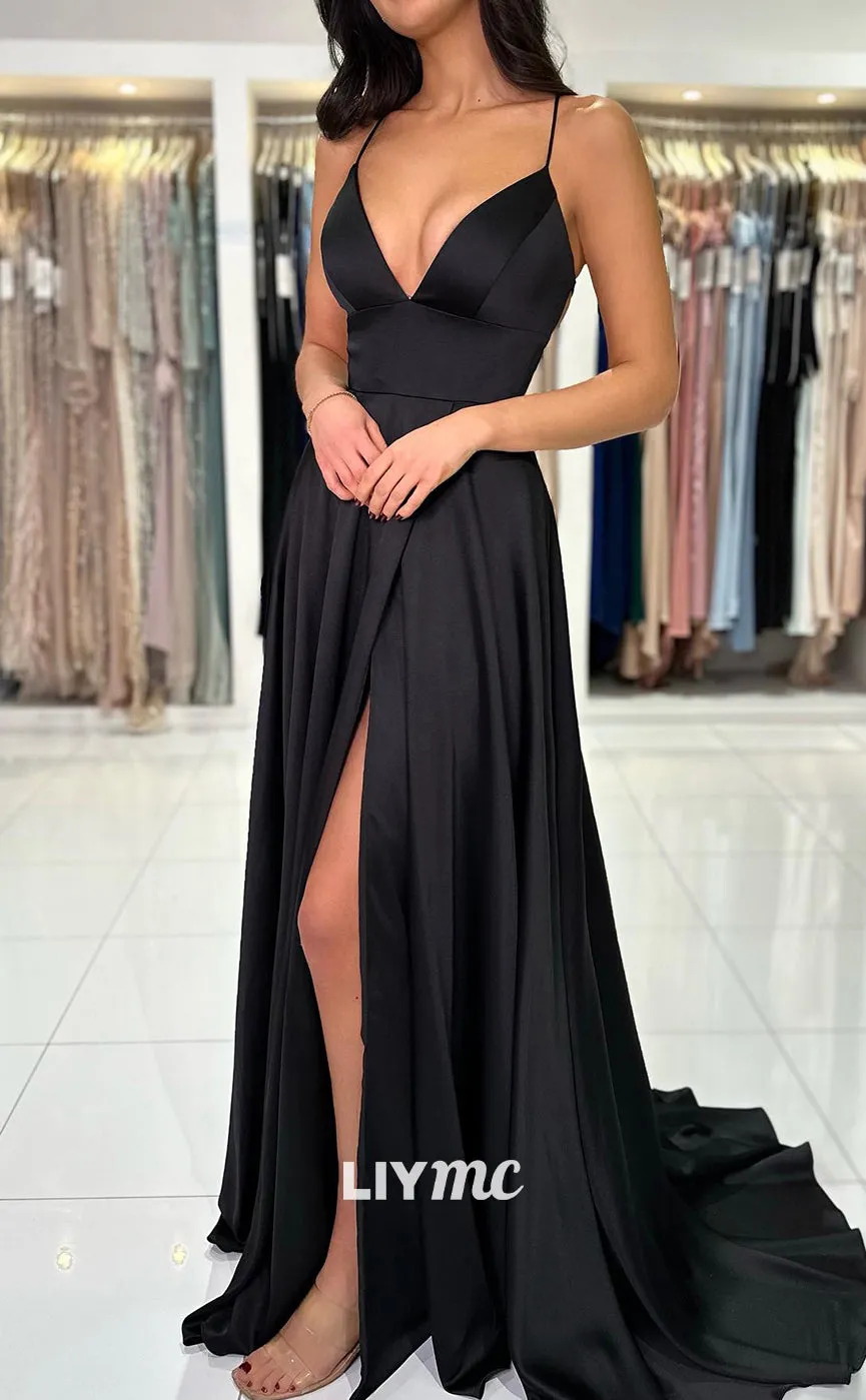 LP1339 -  A-Line Low V Neck Starps Lace-Up Sweep-Length Prom Dress