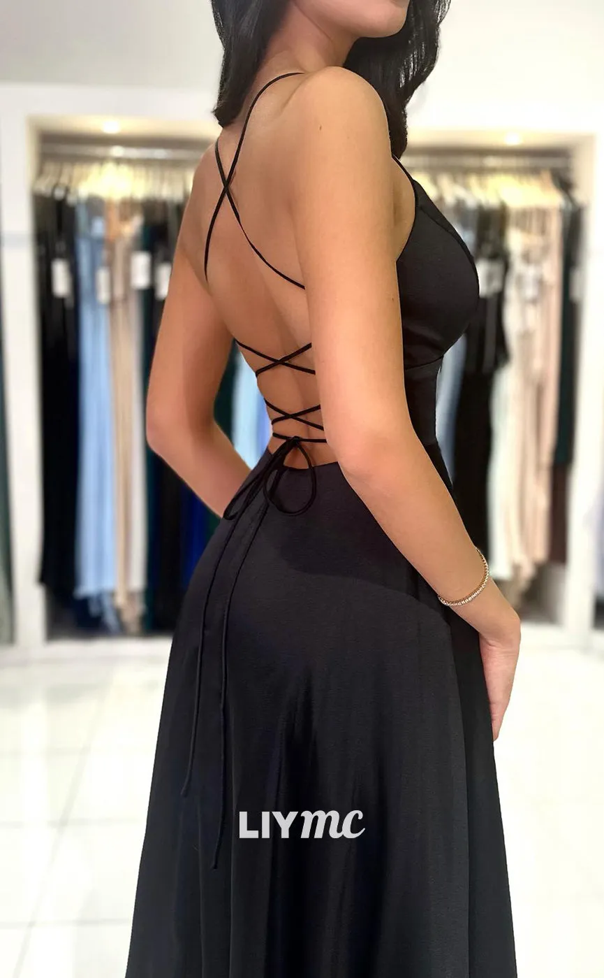 LP1339 -  A-Line Low V Neck Starps Lace-Up Sweep-Length Prom Dress