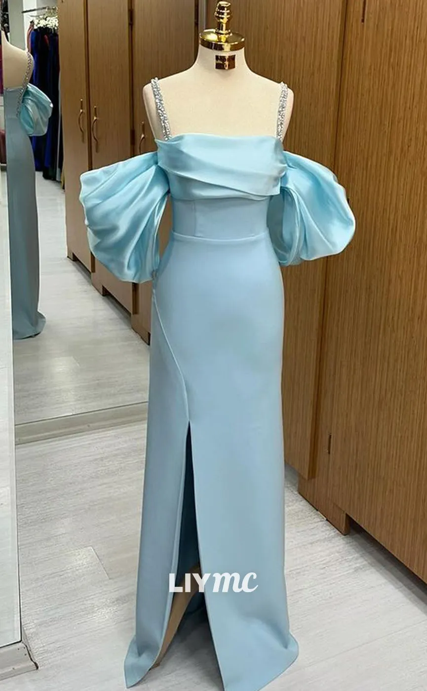 LP1342 - Elegant & Glamorous Sheath Off-Shoulder Baby Blue Stain Ruched Crystal Straps Floor-Length Prom Party Dress