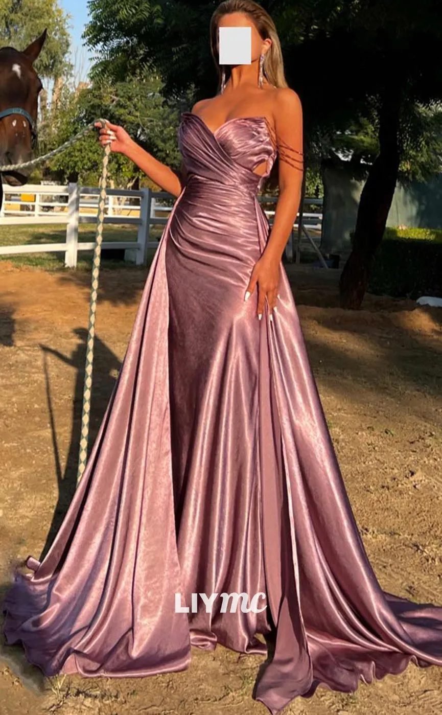 LP1370 - Classic V-Neck Sleeveless Pleated Ruched Satin Sheath Long Prom Dress