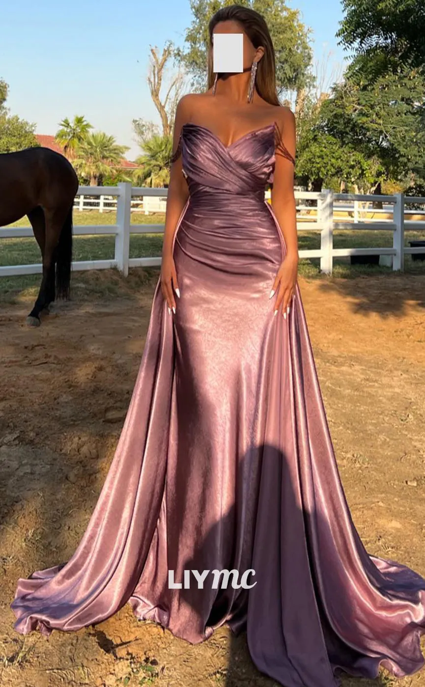 LP1370 - Classic V-Neck Sleeveless Pleated Ruched Satin Sheath Long Prom Dress