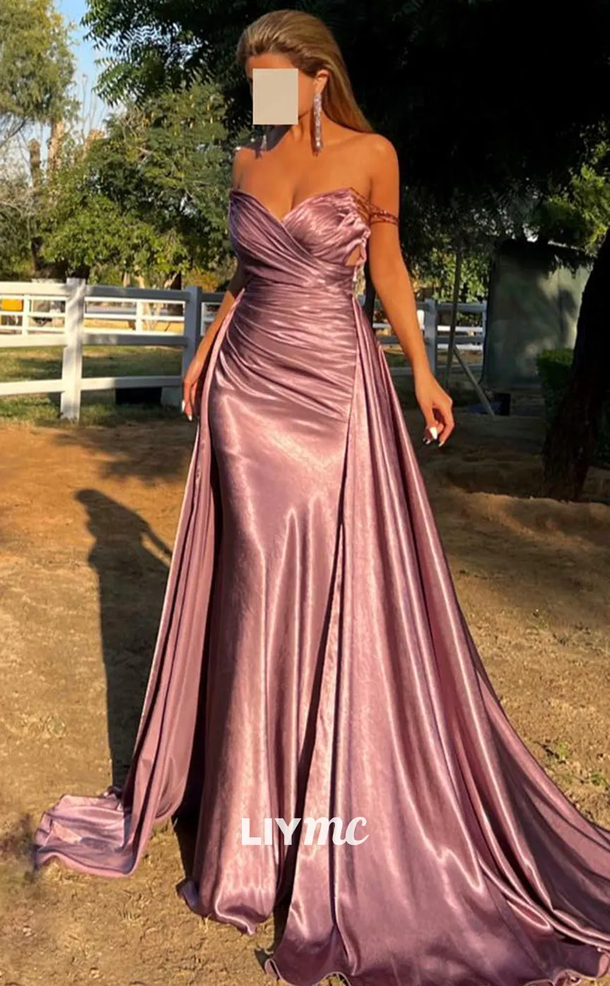 LP1370 - Classic V-Neck Sleeveless Pleated Ruched Satin Sheath Long Prom Dress