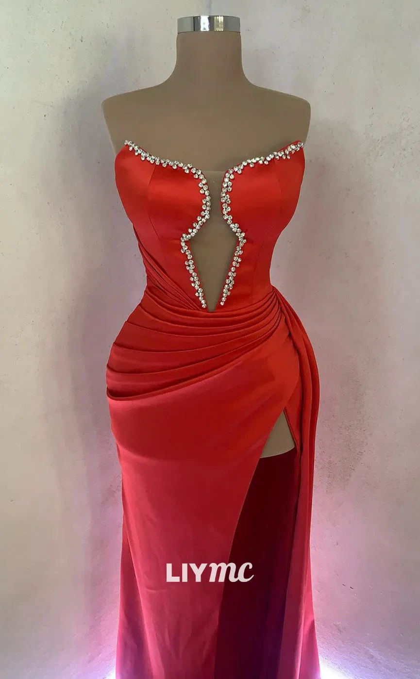 LP1813 - Off-Shoulder Sleveless Cut Outs Pleated Sleek Satin High Slit Prom Dress