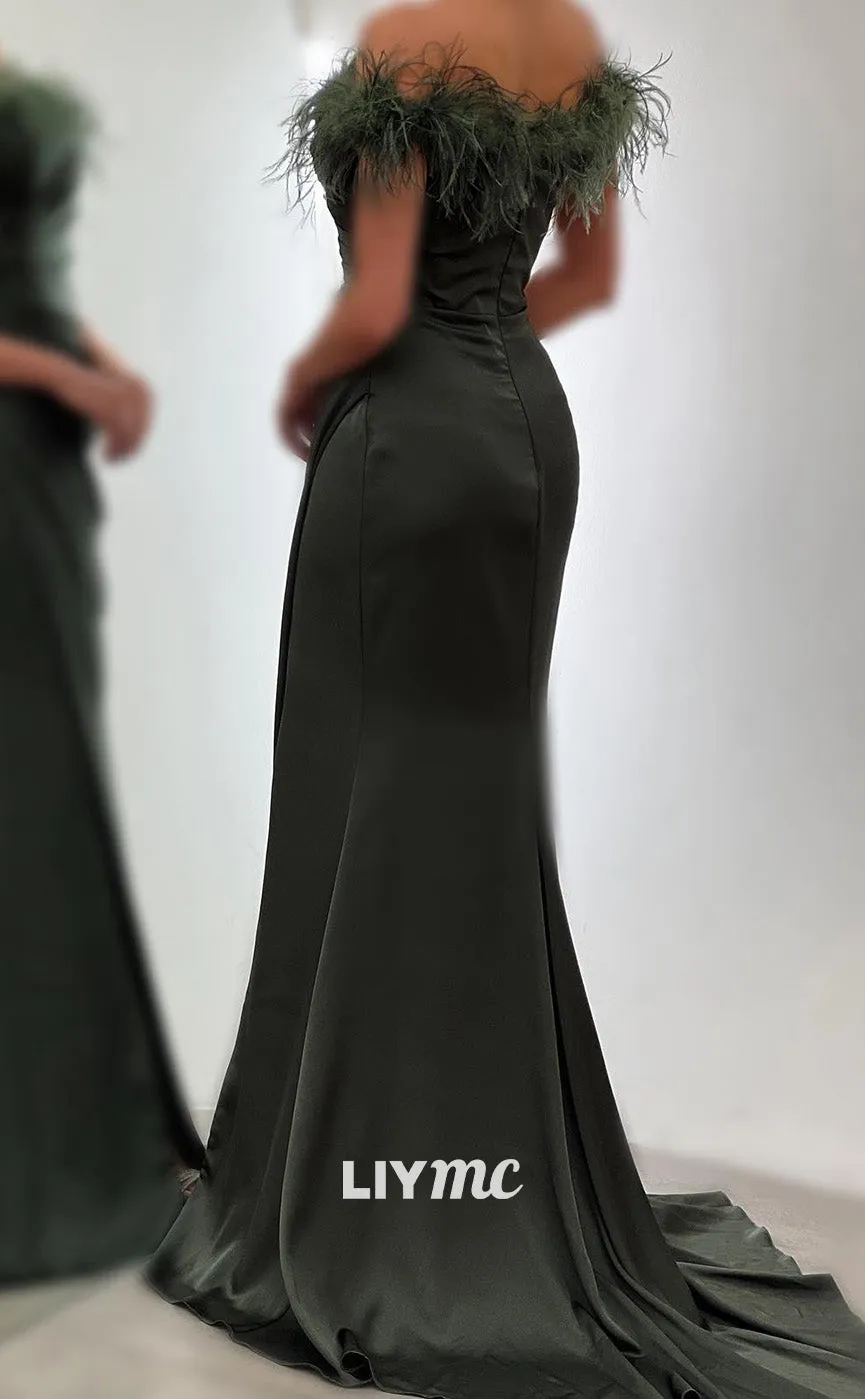 LP1819 - Simple Off-Shoulder Feathered Pleated Sleek Satin Side Slit Prom Dress