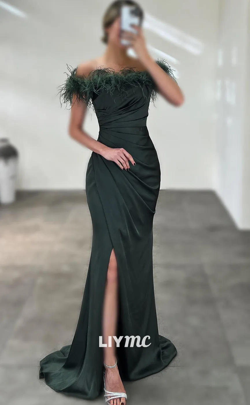 LP1819 - Simple Off-Shoulder Feathered Pleated Sleek Satin Side Slit Prom Dress