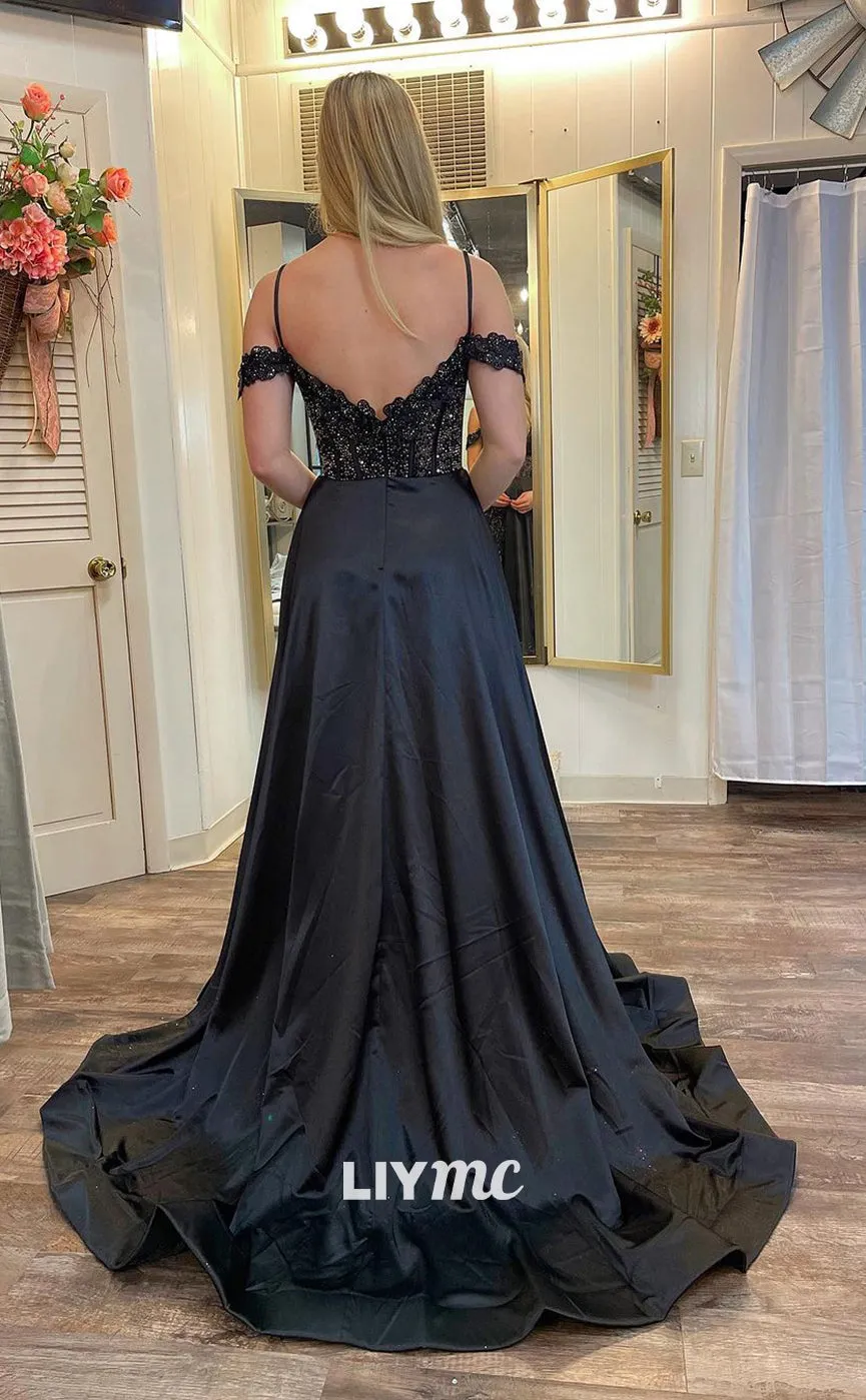 LP182 - A Line Scoop Lace Appliques Black Semi Formal Prom Dress with Pockets