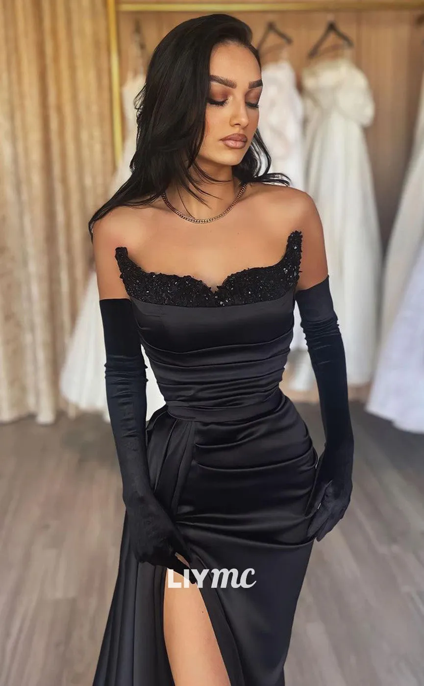 LP1866 - Classic V-Neck Strapless Plaeted Ruched Sleek Satin High Slit Prom Dress