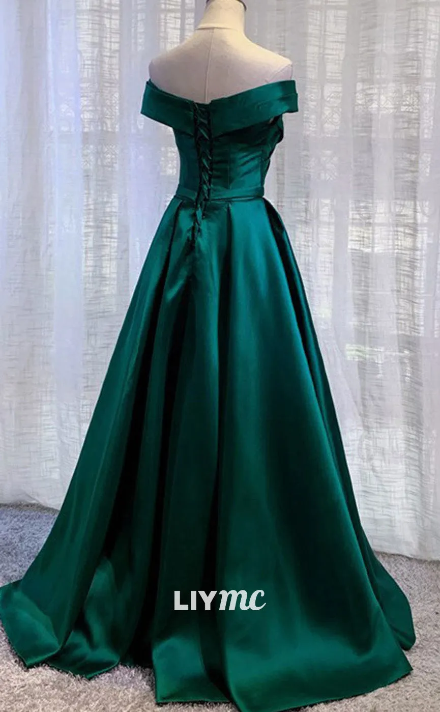 LP1896 - Simple Green Satin off Shoulder Long Prom dress, Green Formal Dress