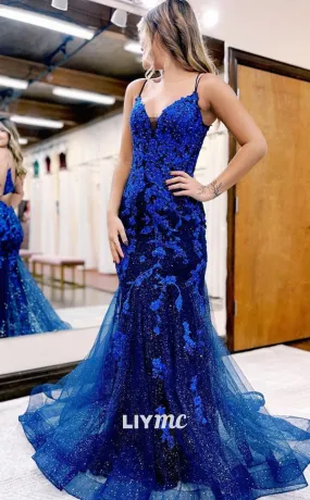 LP1913 - Royal Blue Mermaid Long Prom Dresses, Blue Lace Long Evening Dress