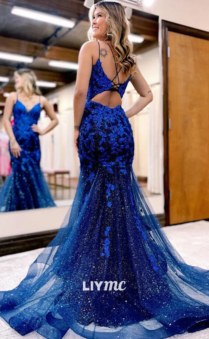 LP1913 - Royal Blue Mermaid Long Prom Dresses, Blue Lace Long Evening Dress