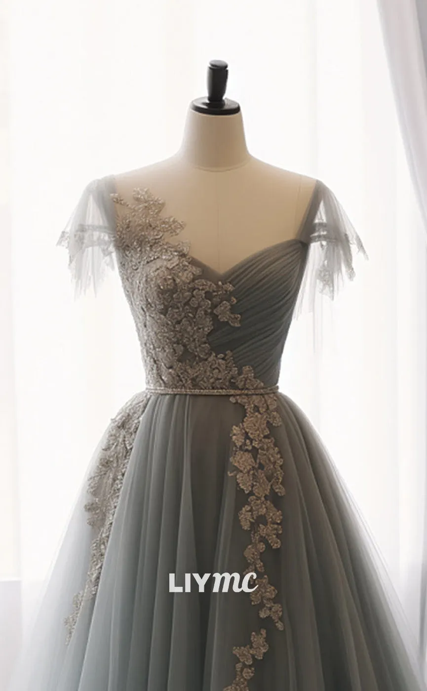 LP1921 - A-Line Sweetheart Neck Tulle Lace Gray Blue Long Prom Dress, Gray Blue Formal Dress